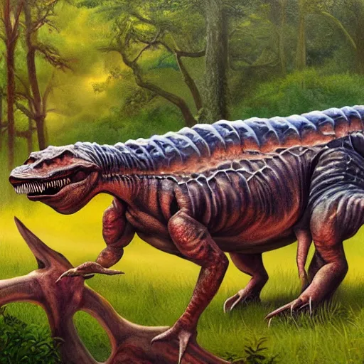 Image similar to hyper realistic oil painting of a dinosaur screaming the back home is a forest