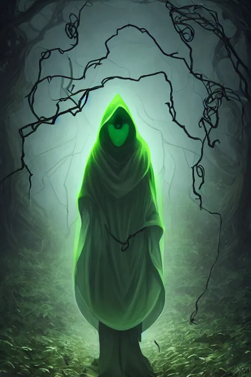 Prompt: A full body portrait of a mysterious character with no face, glowing eyes and a very long hooded dark green cloak of leaves, vines coming out the ground art by Shaddy Safadi and Jason Chan, ominous, cosmic horror, trending on artstation, Ultra detailed, hyper realistic 4k