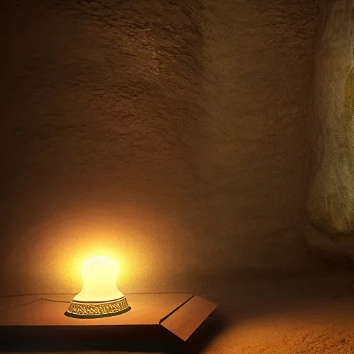 Image similar to japanese lamp inside a cave, photorealistic rendering, atmospheric light, octane, redshift