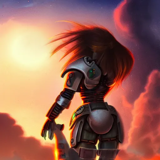 Image similar to beautiful space marine girl with long hair looking at an destructed village in a sunset, highly detailed, digital art, trending on artstation,