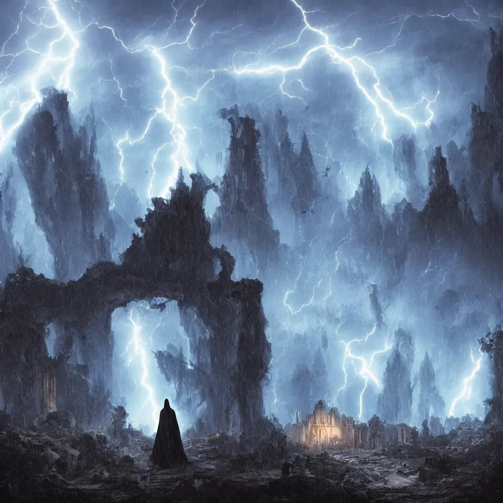 Image similar to a still of a cloaked figure standing in the ruins of crux prime, monastery, there is lightning, blue fiery maelstrom in the distance, it is raining, digital art, artstationhq