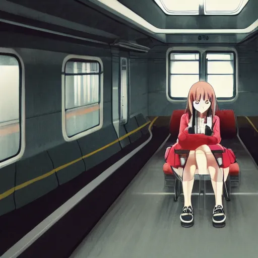 Image similar to portrait of the lone girl sitting in an empty train carriage, anime fantasy illustration by tomoyuki yamasaki, kyoto studio, madhouse, ufotable, trending on artstation