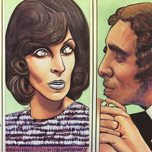 Prompt: a 7 0 s double page spread of a woman looking up at a man. the woman is called carmen and the caption how did i manage without carmen before. colour hi - def photorealistic