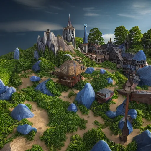 Image similar to vexel map of a fantasy world town : : terrain cartography, fantasy aesthetic, autodesk 3 d rendering, v - ray collection, maverick studio, arnold 3 d render, blender render, indigo renderer, redshift render, enscape render, maxwell render, luxcorerender, renderman, lumion render, marmoset render