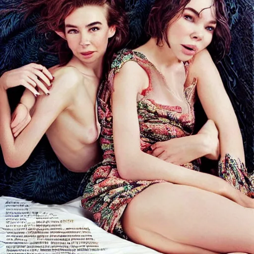 Image similar to stunning vogue magazine photo of dark - haired goddesses vanessa kirby, hailee steinfeld, and bjork smiling, legs intertwined, laying back on the bed, with wet faces!!, wet lips, smooth skin, perfect eyes, insanely detailed, elegant, by wlop, rutkowski, livia prima, mucha, wlop