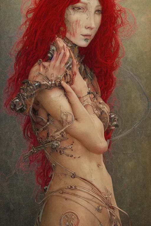 Image similar to portrait of beautiful young mainem, warhammer, japan style, cyberpunk armor, a lot of scars, more and more flowers, red head, the middle ages, highly detailed, artstation, illustration, art by jean delville, 8 k quality