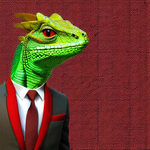 Image similar to a highly detailed portrait of an anthropomorphic lizard man with bright scaly skin wearing a well tailored business suit and tie, 8 k, 4 k, highly detailed, sharp,