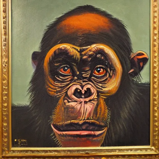 Image similar to portre of an autistic demonic chimpanzee on acid, masonic and kabalistic symbols in background, oil painting