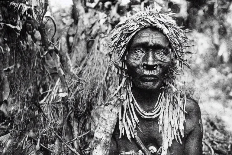 Image similar to a 1905 colonial closeup photograph of an African scary tribal voodoo ghost in a village at the river bank of Congo , Thick jungle,scary, evil looking, wide angle shot