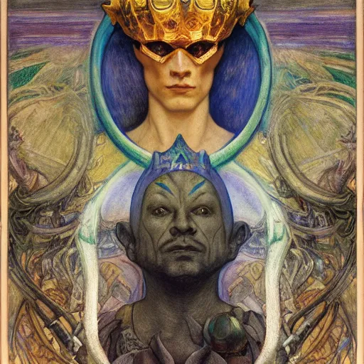 Prompt: the masked prince wearing the plasma crown, by Annie Swynnerton and Diego Rivera and Elihu Vedder, symbolist, dramatic lighting, elaborate geometric ornament, tattoos, Art Brut, soft cool colors,smooth, sharp focus, extremely detailed, Adolf Wölfli and Donato Giancola