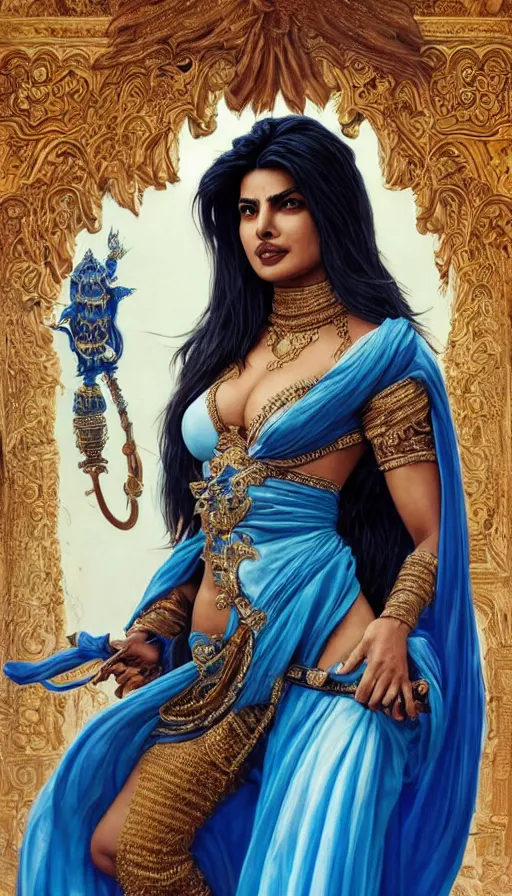 Prompt: priyanka chopra as a sorceress, passionate, seductive, sweaty, intricate dressed in ornate blue robes and staff, lovely, intricate, highly detailed, digital painting, artstation, concept art, karma sutra, smooth, sharp focus, illustration, unreal engine 5, 8 k, art by artgerm and greg rutkowski and alphonse mucha