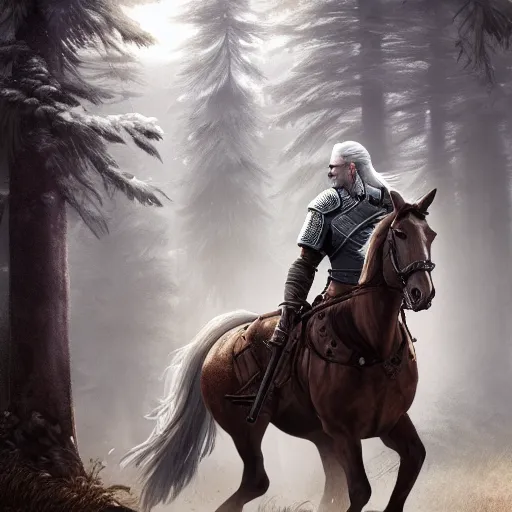 Image similar to Geralt of Rivia riding a horse in forest, 4k, artstation, cgsociety, award-winning, masterpiece, stunning, beautiful, glorious, powerful, fantasy art