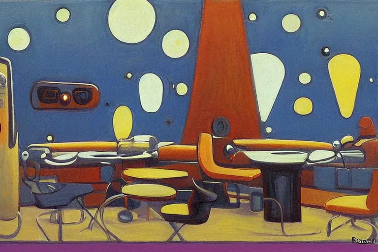 Image similar to coffee shop in a spaceship by robert theodore mccall