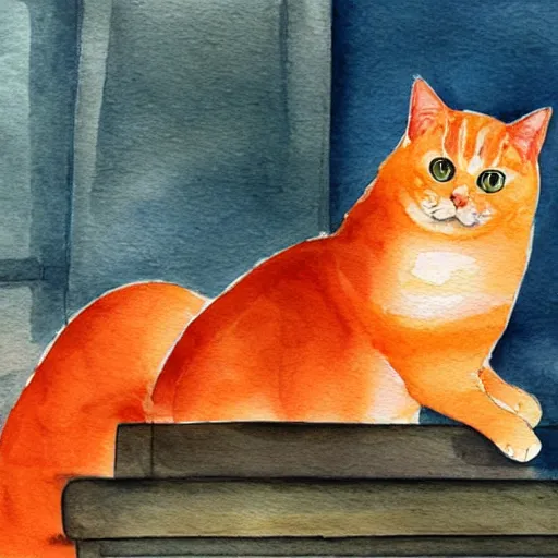 Image similar to A fat, cute orange cat in a beautiful room, cozy, watercolor on paper by ANNA LEA HUCHT, details, lights, beautiful