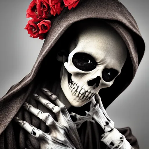 Prompt: cinematic shot epic portrait skeleton wearing a dark robe holding flowers with a tear falling, hyper realistic, mood lighting, fantasy, detailed face, highly detailed, super realistic, perfect lighting