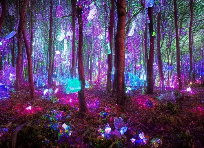 Prompt: a magical forest with crystal flowers that glow in the dusk, low gamma, low exposure ,