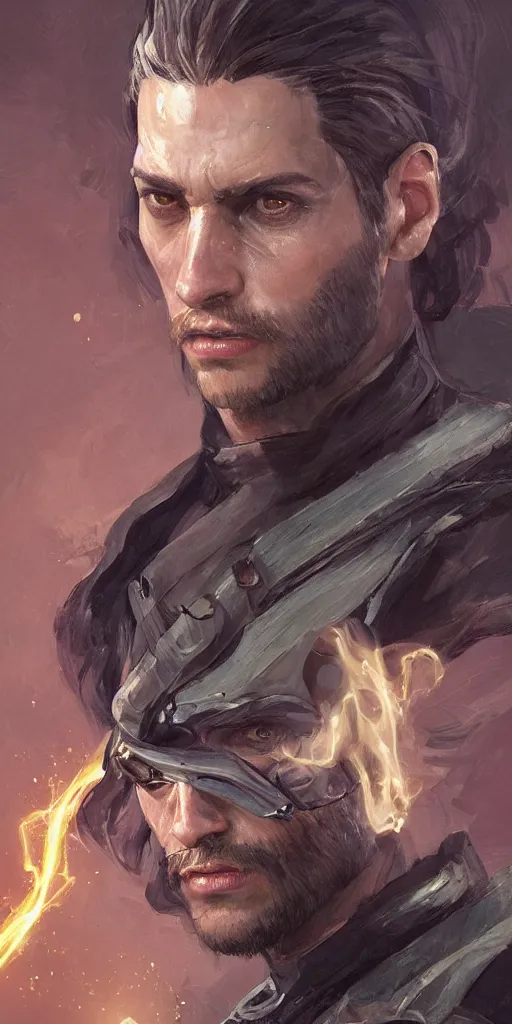 Image similar to a professional full portrait painting of a handsome young wizard olive skin, buzzed short dark hair, beautiful bone structure, symmetrical facial features, casting an evil spell, a floating glowing spellbook, , intricate, elegant, digital painting, concept art, smooth, sharp focus, illustration, from Metal Gear, by Ruan Jia and Mandy Jurgens and Artgerm and William-Adolphe Bouguereau