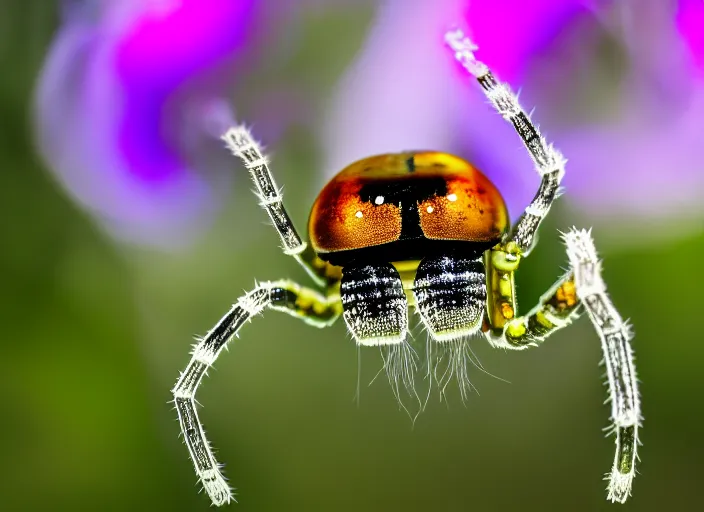 Prompt: super macro of a glass spider sitting on a flower, in the forest. Fantasy magic style. Highly detailed 8k. Intricate. Nikon d850 300mm. Award winning photography.