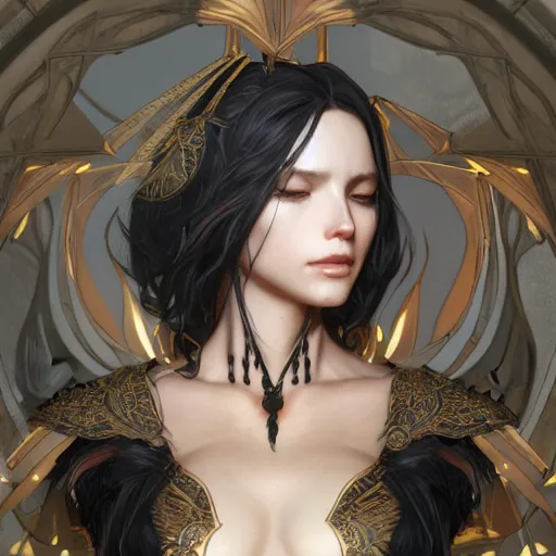 Image similar to freya allen wearing a black desert online sorceress outfit, intricate, elegant, highly detailed, digital painting, artstation, concept art, smooth, sharp focus, illustration, art by artgerm and greg rutkowski and alphonse mucha