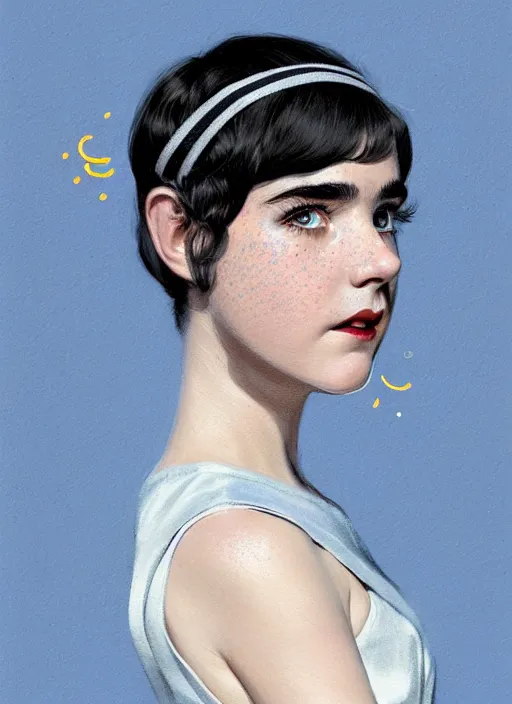 Image similar to portrait of kiernan shipka with freckles, white hair, 1 9 6 0 s bob hairstyle with bangs and hairband, blue 1 9 6 0 s dress, intricate, elegant, glowing lights, highly detailed, digital painting, artstation, concept art, smooth, sharp focus, illustration, art by wlop, mars ravelo and greg rutkowski