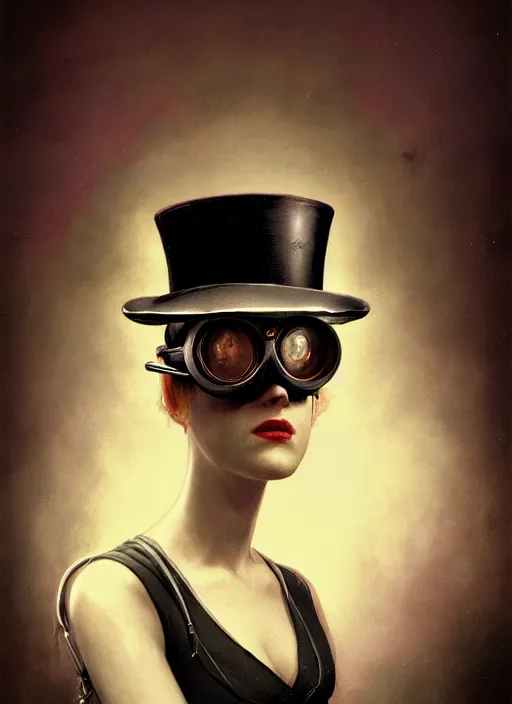 Image similar to highly detailed closeup portrait of jill the ripper wearing goggles and a top hat, stephen bliss, unreal engine, greg rutkowski, ilya kuvshinov, ross draws, tom bagshaw, tom whalen, alphonse mucha, nicoletta ceccoli, mark ryden, earl norem, global illumination, god rays, detailed and intricate environment