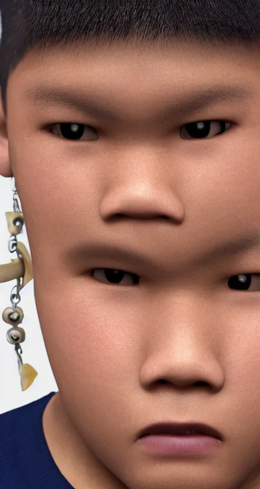 Image similar to close up of a teenage chubby filipino boy with crooked teeth, shaved sides of head, lots of curly hair on top, small studded earings, 4 k, photorealistic, high detail