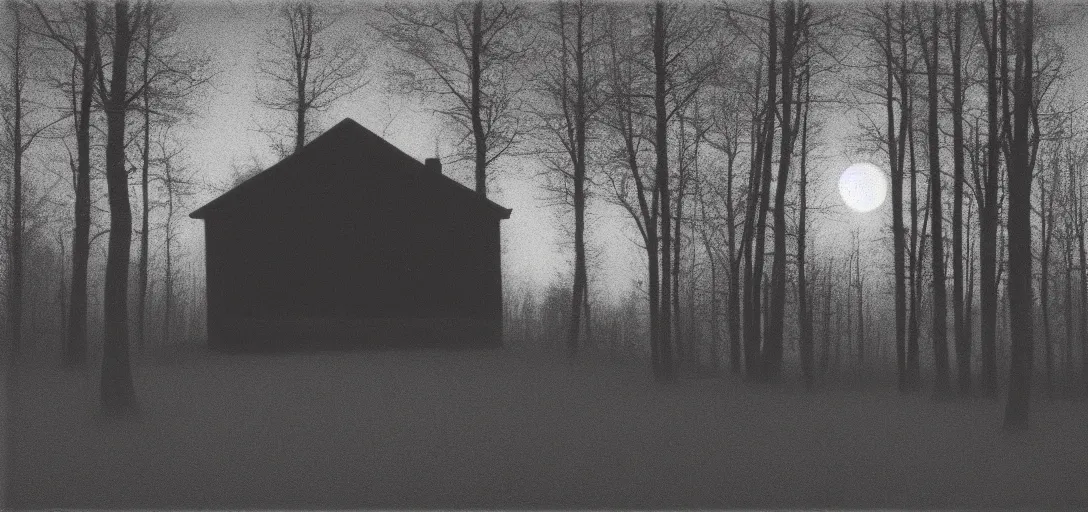 Prompt: minimalistic house in the wood, big moon, artwork by Rene Magritte, night, pinhole analogue photo quality, monochrome, blur, unfocus, cinematic, 35mm