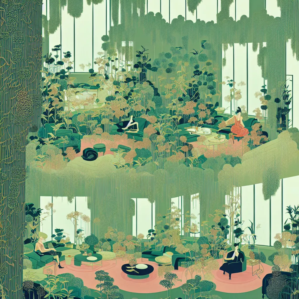 Image similar to luxury living room full of plants and trees by victo ngai