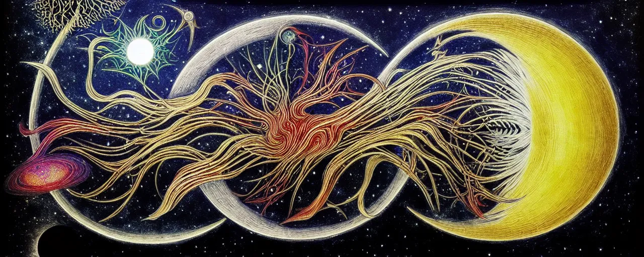 Image similar to a strange beautiful creature from bifrost radiates a unique canto'as above so below'to the moon, while being ignited by the spirit of haeckel and robert fludd, breakthrough is iminent, glory be to the magic within, in honor of saturn, painted by ronny khalil
