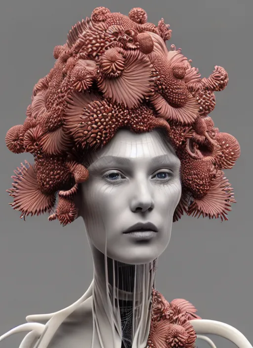 Prompt: complex 3 d render hyper detailed ultra sharp futuristic beautiful biomechanical humanoid woman with porcelain ivory face, medium shot portrait, close - up, filigree lace, iris van herpen cyberpunk daisies corals haute couture headdress with rhizomorph finials spires, brackets, fractal embroidered puffballs, octane render, 8 k