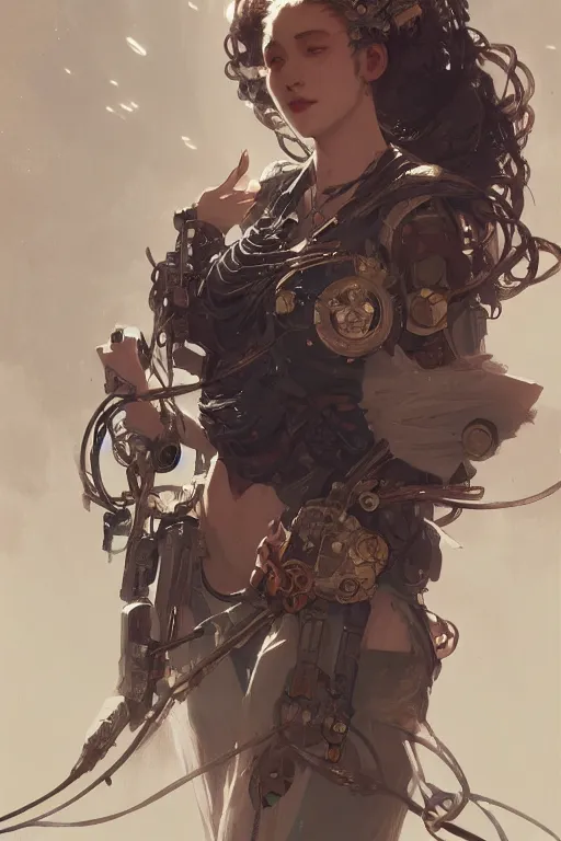 Image similar to A full portrait of a powerful beautiful futuristic dystopian junktown Japanese techromancer sorcerer enchanter, intricate, elegant, highly detailed, digital painting, artstation, concept art, smooth, sharp focus, illustration, art by Krenz Cushart and Artem Demura and alphonse mucha