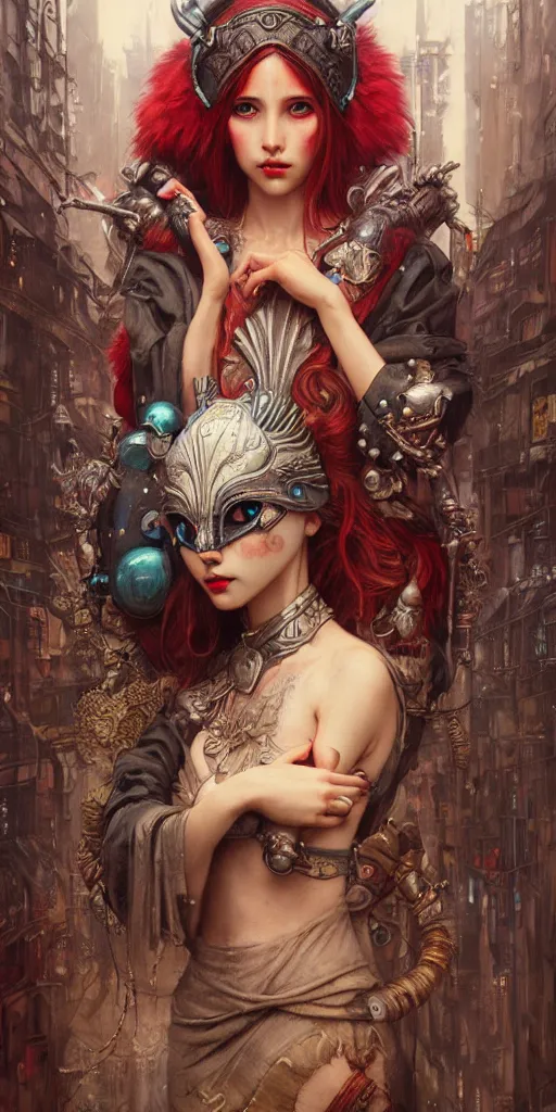 Image similar to hyper realistic Princess Mononoke, ornate mask, wet market street, cyberpunk metropolis, city landscape, jewels, style of tom bagshaw, mucha, james gurney, norman rockwell, denoised, sharp