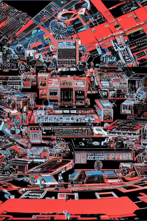 Image similar to drum machines and synththezisers, modular, in the style of akira, tron, sculpted by gaudi