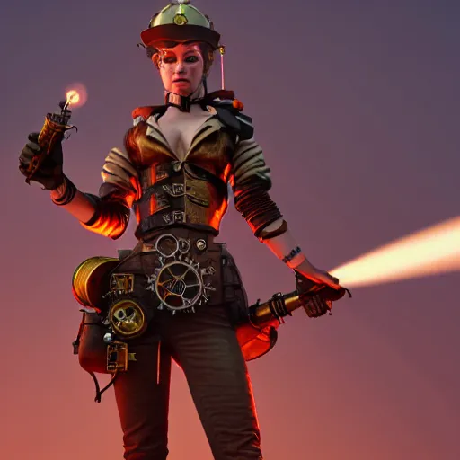 Image similar to female steampunk warrior with a flamethrower, 4k, HDR, award-winning, landscape, octane render, artstation