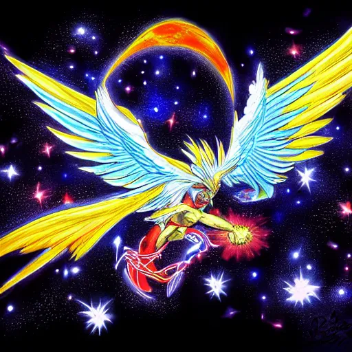 Prompt: a cosmic phoenix, wings spread, soaring through the cosmos by yusuke murata