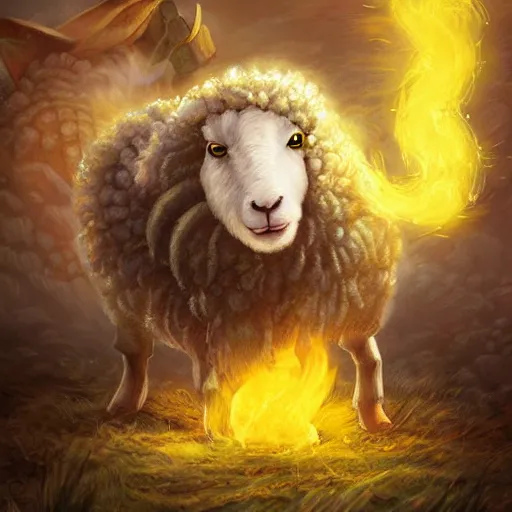 Image similar to a sheep surrounded by yellow glittering smoke, hearthstone art style, epic fantasy style art, fantasy epic digital art, epic fantasy card game art