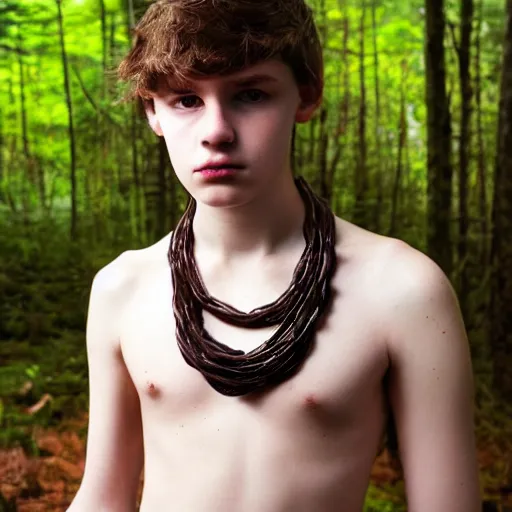 Prompt: a teenage boy, around 1 9 yo. iron necklace. natural brown hair. loincloth, pale skin. detailed face. ominous and eerie looking forest i'm background. natural colors.