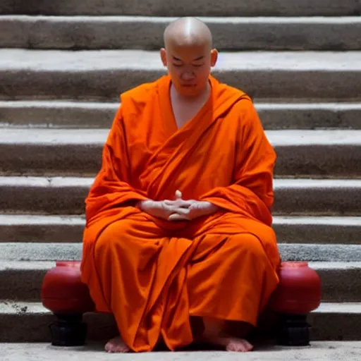 Image similar to donald trump!!!!!, dressed in orange monk's robes, quietly meditating in a buddhist temple