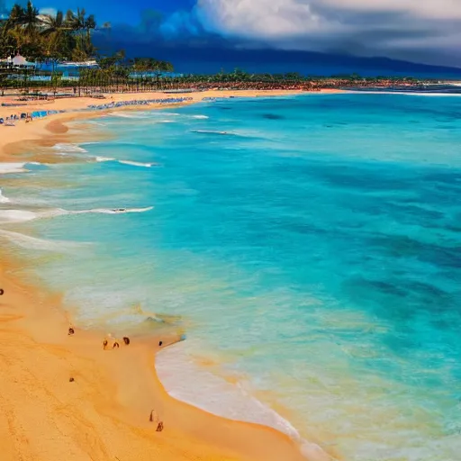 Prompt: Artstation art of a beautiful beach with fantastic luxury blue colors on the beach of hawaii, UHD quality, stunning beauty, incredible light from the Sun, award-winning beauty