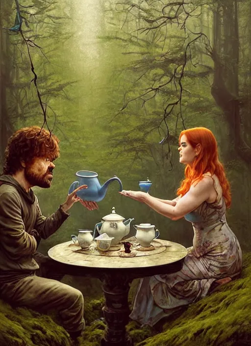 Image similar to peter dinklage having tea with isla fisher at a shrine in the woods gorgeous lighting, lush forest foliage blue sky a hyper realistic painting by chiara bautista and beksinski and norman rockwell and greg rutkowski weta studio, and lucasfilm