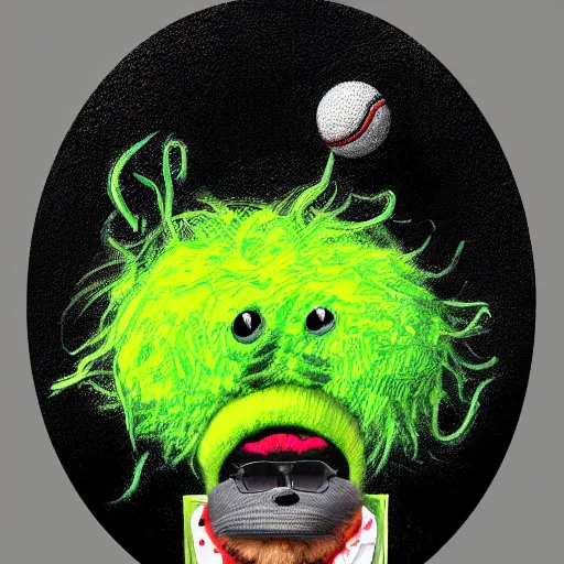 Image similar to snoop dogg tennis ball monster ,tennis ball, digital art, smoke, fantasy,chalk, magic, trending on artstation, ultra detailed, professional illustration by Basil Gogos