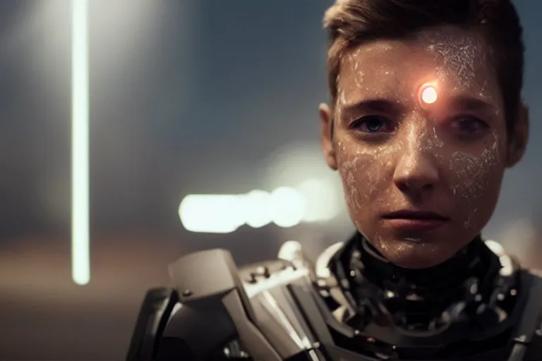 Image similar to VFX movie of a cyborg hacker closeup portrait in high tech compound, beautiful natural skin neon lighting by Emmanuel Lubezki