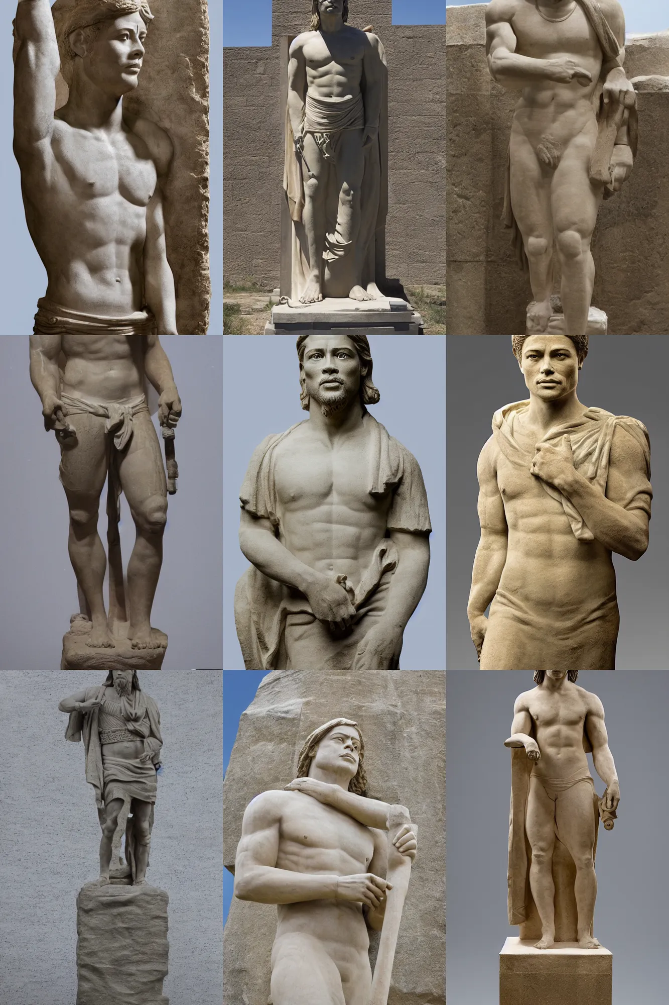 Prompt: A monumental sandstone statue of Brad Pitt, in the style of the late Babylonian empire, museum catalog photography