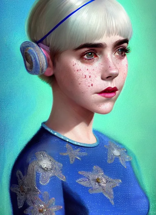 Image similar to portrait of kiernan shipka with freckles, white hair, big 1 9 6 0 s bob hairstyle with bangs and hairband, blue 1 9 6 0 s dress, intricate, elegant, glowing lights, highly detailed, digital painting, artstation, concept art, smooth, sharp focus, illustration, art by wlop, mars ravelo and greg rutkowski