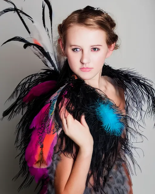 Prompt: beautiful girl with a dress of feathers photo 3 5 mm, studio light