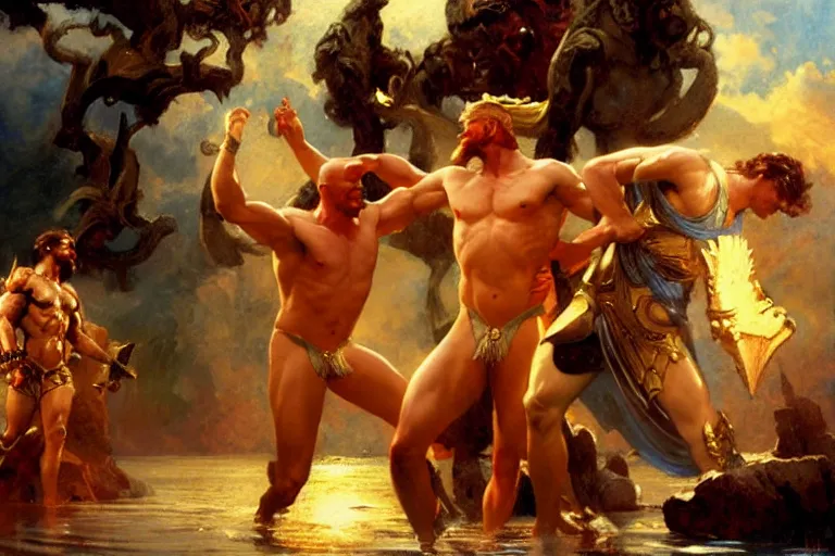 Image similar to zeus banishes ares from olympus, painting by gaston bussiere, craig mullins, j. c. leyendecker, tom of finland