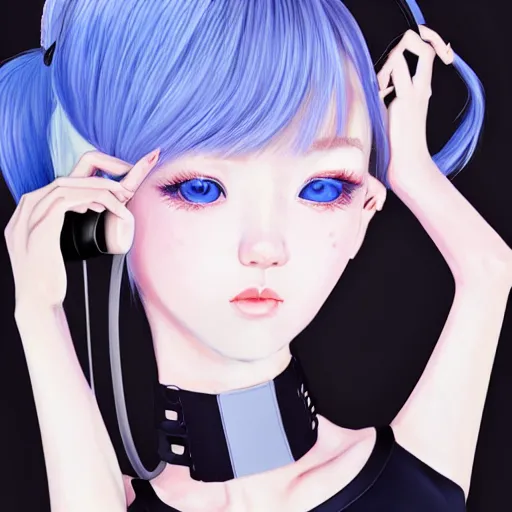 Image similar to realistic teasing detailed semirealism beautiful gorgeous cute Blackpink Lalisa Manoban white hair white cat ears blue eyes, wearing black camisole outfit, headphones, black leather choker full HD 4K high resolution quality WLOP, Aztodio, Taejune Kim, Guweiz, Pixiv, Instagram, Artstation