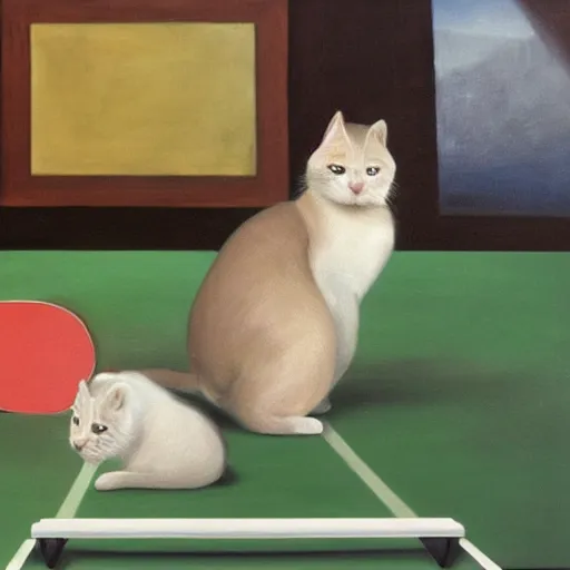 Image similar to Dous gatos xogando ao ping-pong sobre fondo laranxa, oil painting