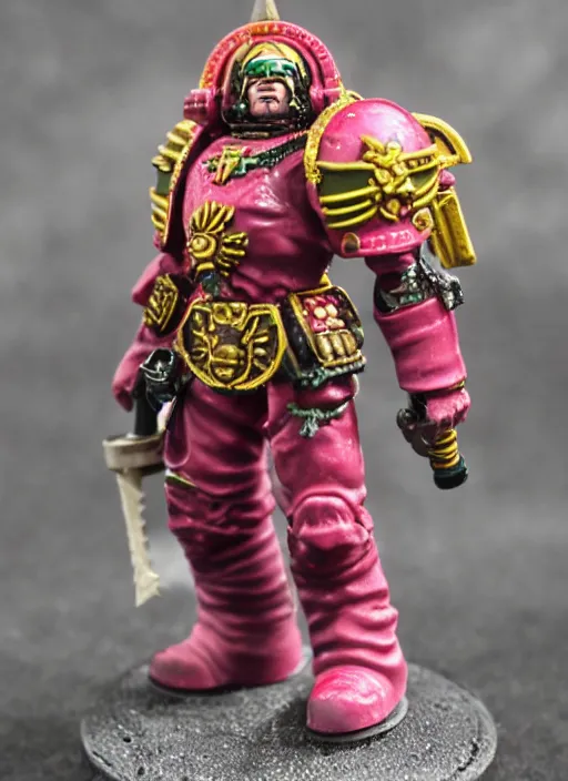 Image similar to 8 0 mm resin detailed miniature of a drunk warhammer 4 0 k space marine with pink dragonscale armor, product introduction photos, 4 k, full body,