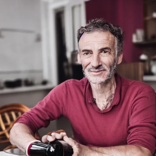 Image similar to photograph of a frenchman seated at a table with a bottle of wine in 2 0 2 0. colorful, award winning photography, 5 0 mm, extremely detailed face